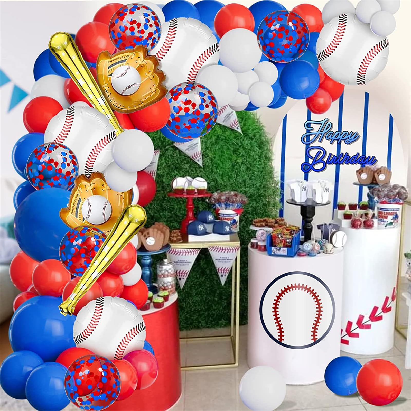 SINGOMON 122PCS Baseball Balloon Arch Kit Blue Red White